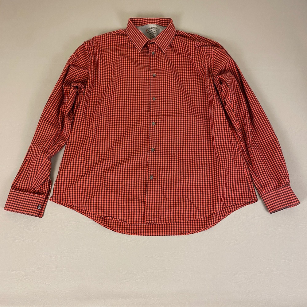 Calvin Klein Button Down Shirt Men's XL Red Black Gingham‎ Checkered Long Sleeve